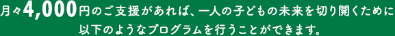 月々4,000円のご支援があれば、一人の子どもの未来を切り開くために
以下のようなプログラムを行うことができます。