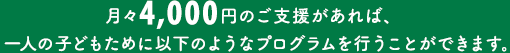 月々4,000円のご支援があれば、一人の子どもの未来を切り開くために
以下のようなプログラムを行うことができます。